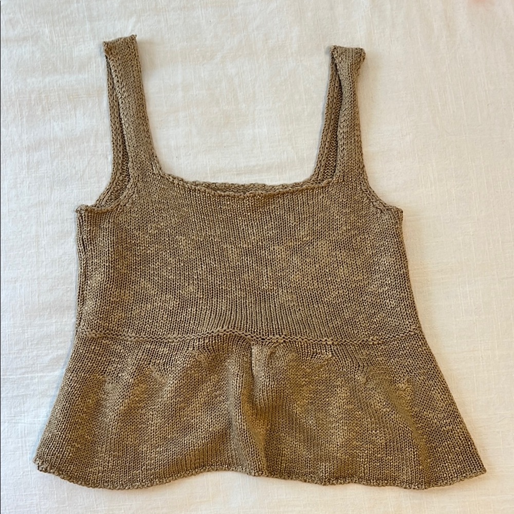 Tan Ribbed Peplum Sleeveless Knit Tank Top